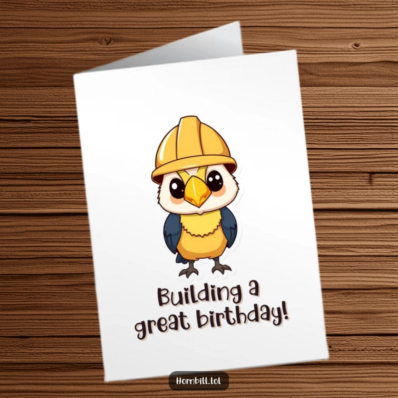 Funny Free Printable Birthday Card: Hornbill wearing a tiny construction helmet, looking determined to build a great birthday.