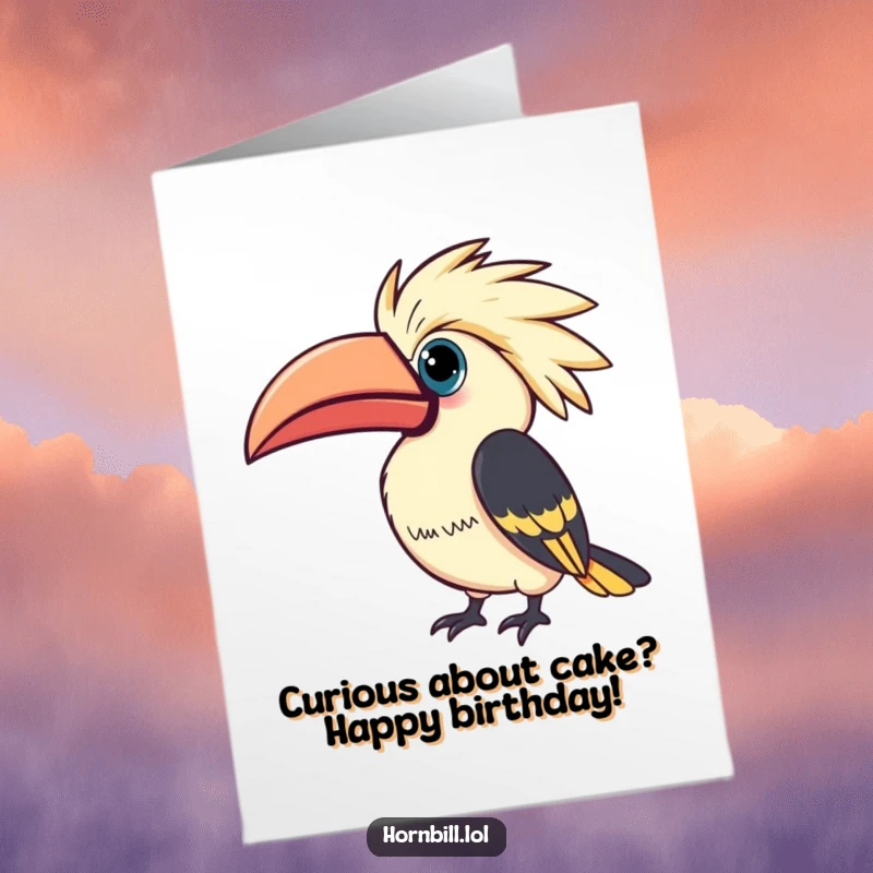 Funny Free Printable Hornbill Birthday Card: A kawaii hornbill tilts its casque, looking curious, perfect for birthdays.