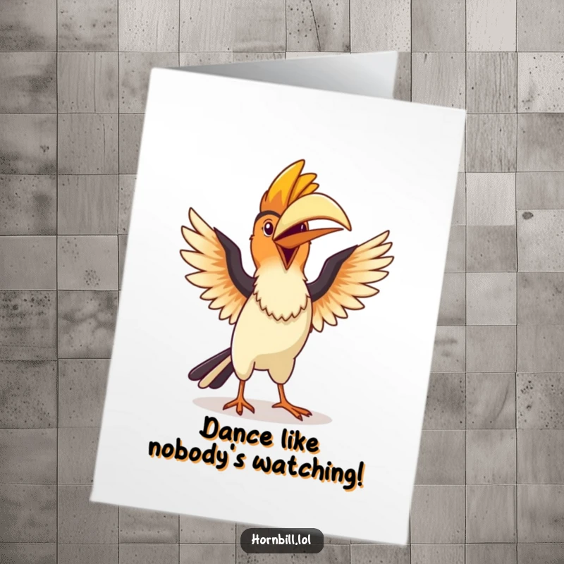 Funny Free Printable Birthday Card showing a cute kawaii hornbill doing a silly dance with energetic wing flutters, full of celebration.