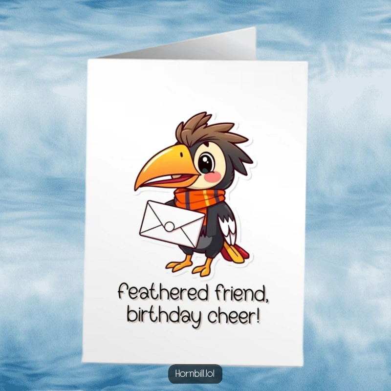 Funny Free Printable Hornbill Birthday Card, a cheerful bird with a vibrant scarf delivering mail with joy.