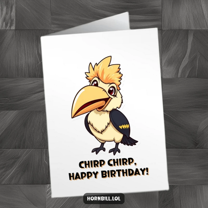 Funny Free Printable Birthday Card: A smiling hornbill with its beak wide open, ready to let out a cheerful chirp.