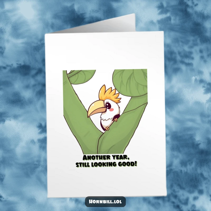 Funny Free Printable Birthday Card: Curious Kawaii hornbill peeking mischievously from behind a large leafy branch, ready to surprise.