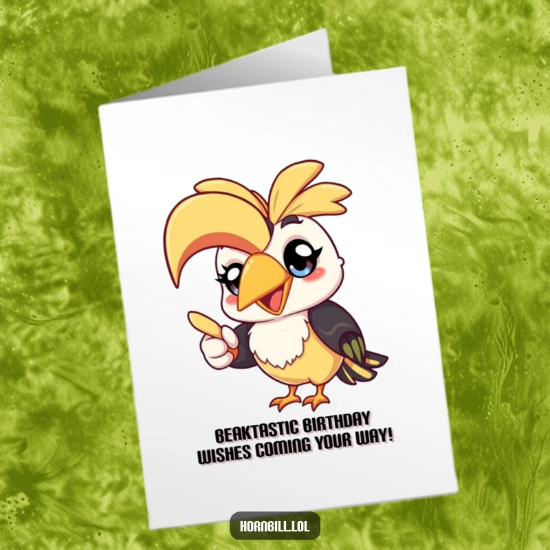 Funny Free Printable Birthday Card: Kawaii hornbill with big happy eyes points excitedly with its beak, ready to celebrate.