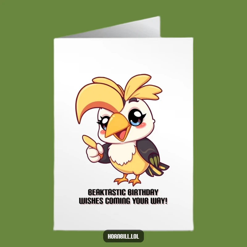 Free Printable Birthday Card: Funny Kawaii Hornbill Pointing - Hilarious Downloadable Gift!
