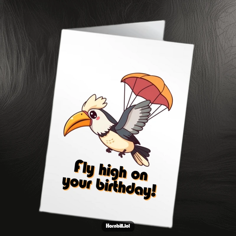 Funny Free Printable Birthday Card: A Kawaii hornbill happily glides through the air using a tiny leaf as a parachute, celebrating wishes.