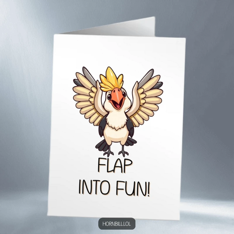 Funny Free Printable Birthday Card featuring a hornbill with a wide, happy smile, wings spread wide, ready for joyful flight.
