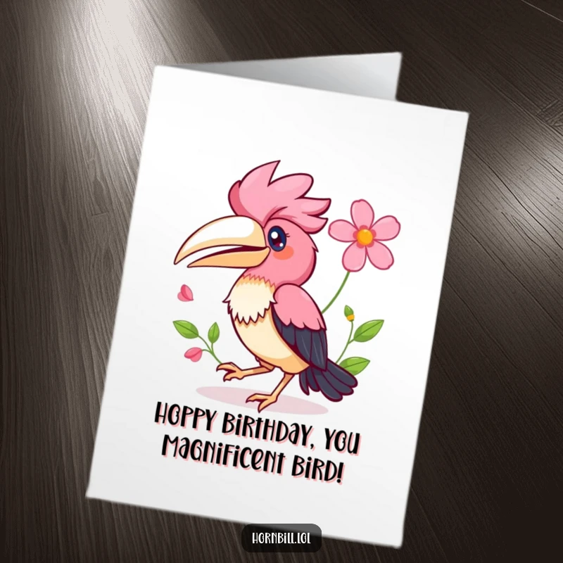 Funny Free Printable Birthday Card: A joyful Kawaii hornbill hops playfully, a bright flower tucked into its wing, spreading cheer.