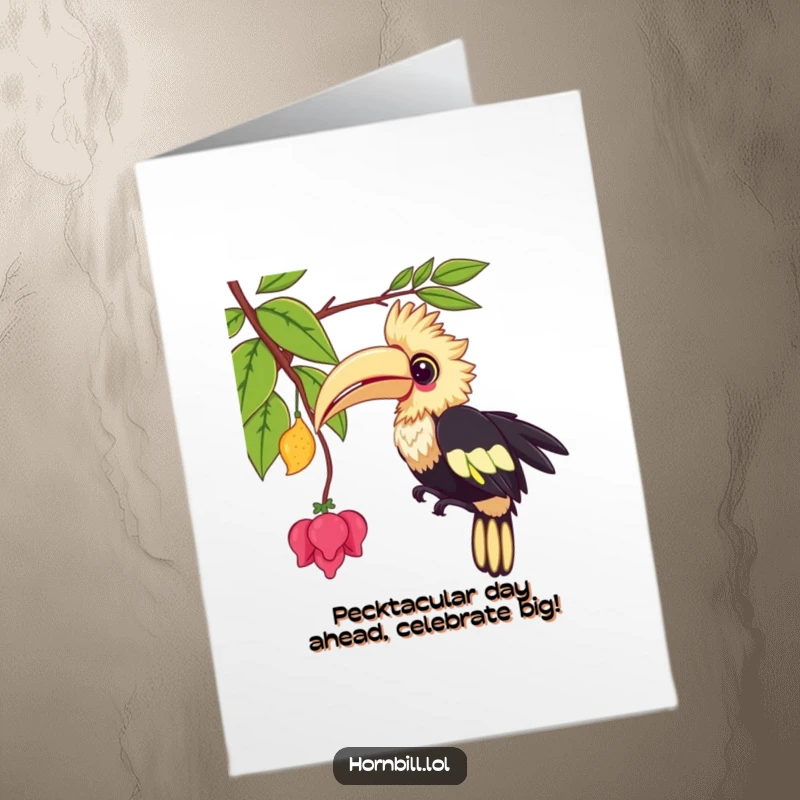 Funny Free Printable Birthday Card: A kawaii hornbill playfully pecks at a dangling vine, ready to add some fun to the celebration.