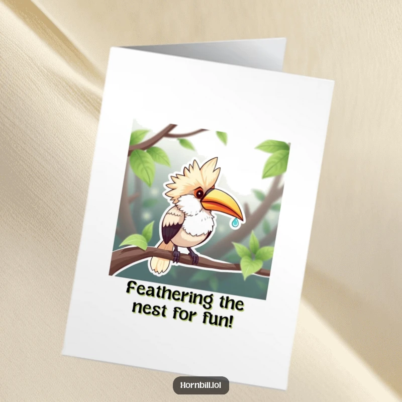 Funny Free Printable Birthday Card: Chubby hornbill gleefully sipping a dewdroplet, perfect for a joyful celebration.
