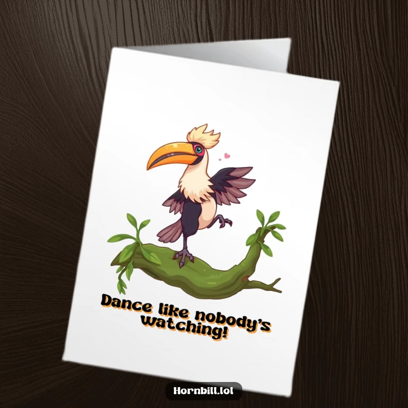 Free Printable Birthday Card: Hornbill energetically dances on a mossy branch, celebrating with whimsical moves.
