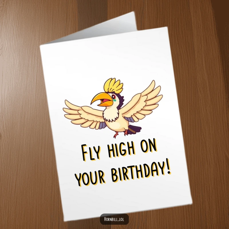 Funny Free Printable Hornbill Birthday Card, a hornbill joyfully flying with outstretched wings through a vibrant rainbow.