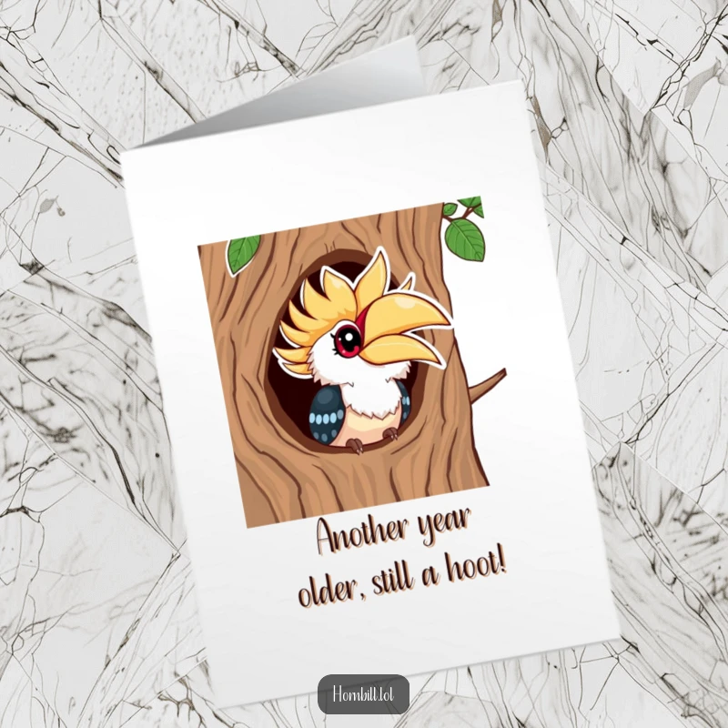 Funny Free Printable Birthday Card featuring a kawaii hornbill peeking from a tree with bright, curious eyes, ready to deliver cheer.
