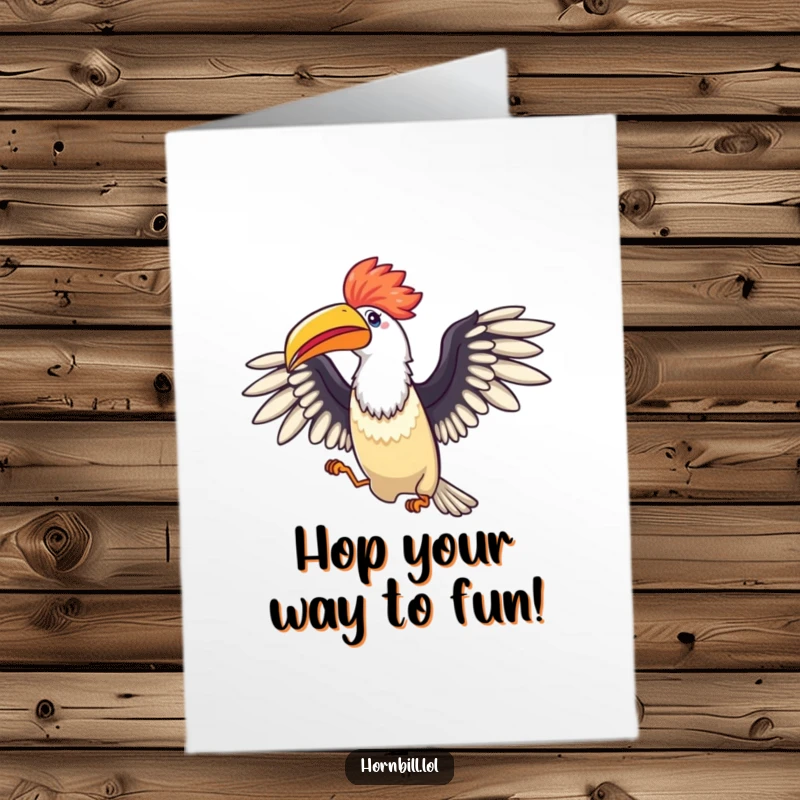 Funny Free Printable Birthday Card: A hornbill with wide wings spread celebrates with an excited, joyful hopping motion.