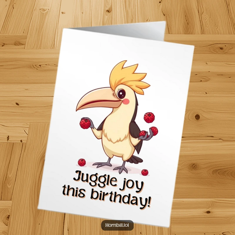 Funny Free Printable Hornbill Birthday Card, a hornbill with a silly face attempting to juggle small berries.