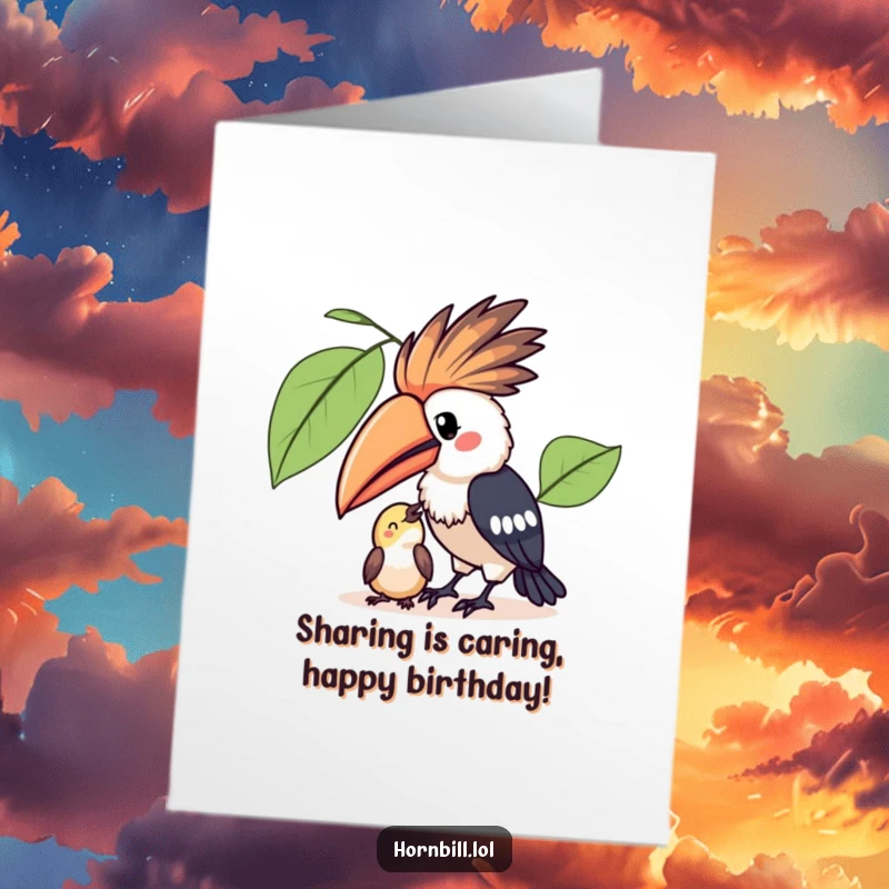 Free Printable Birthday Card: A cute kawaii hornbill generously sharing a piece of fruit with a tiny, grateful bird friend.