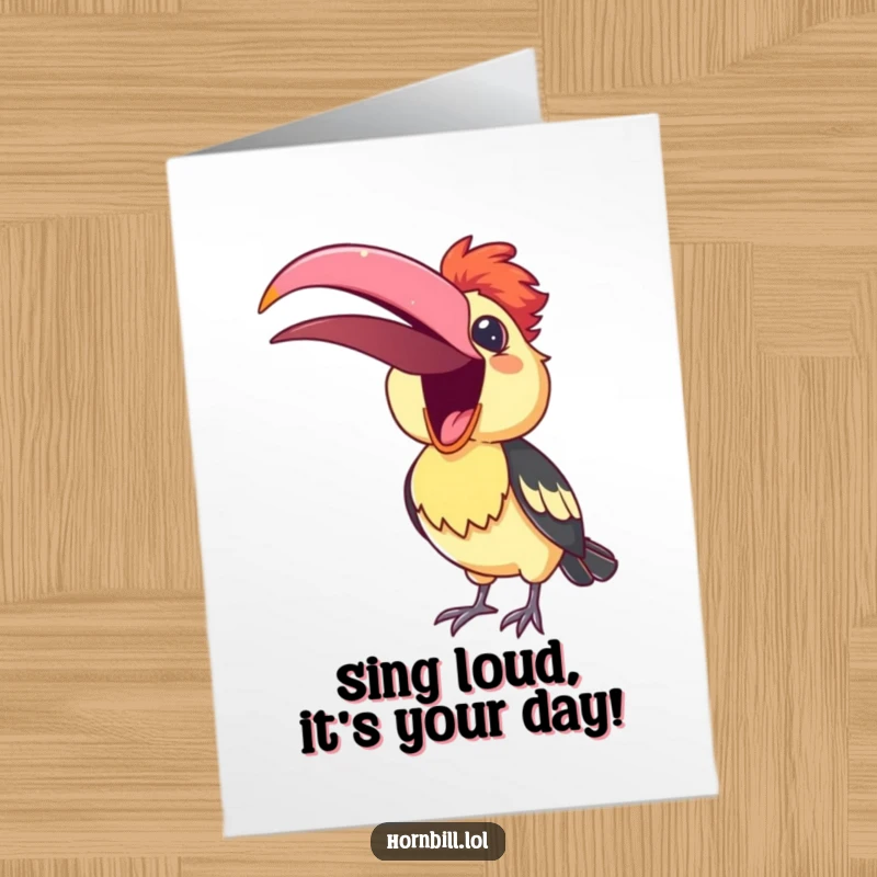 Funny Free Printable Birthday Card: A cute hornbill with beak open, singing a cheerful song, spreading joy and laughter.