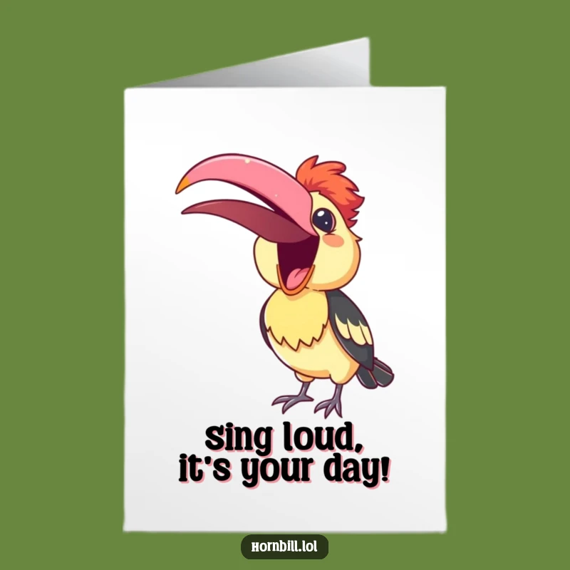 Free Printable Birthday Card: Singing Hornbill, Funny Downloadable Greeting for a Cheerful Celebration