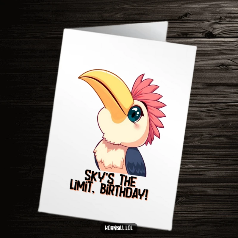 Funny Free Printable Birthday Card: Joyful hornbill gazing upwards with wide, bright eyes, dreaming big birthday wishes.