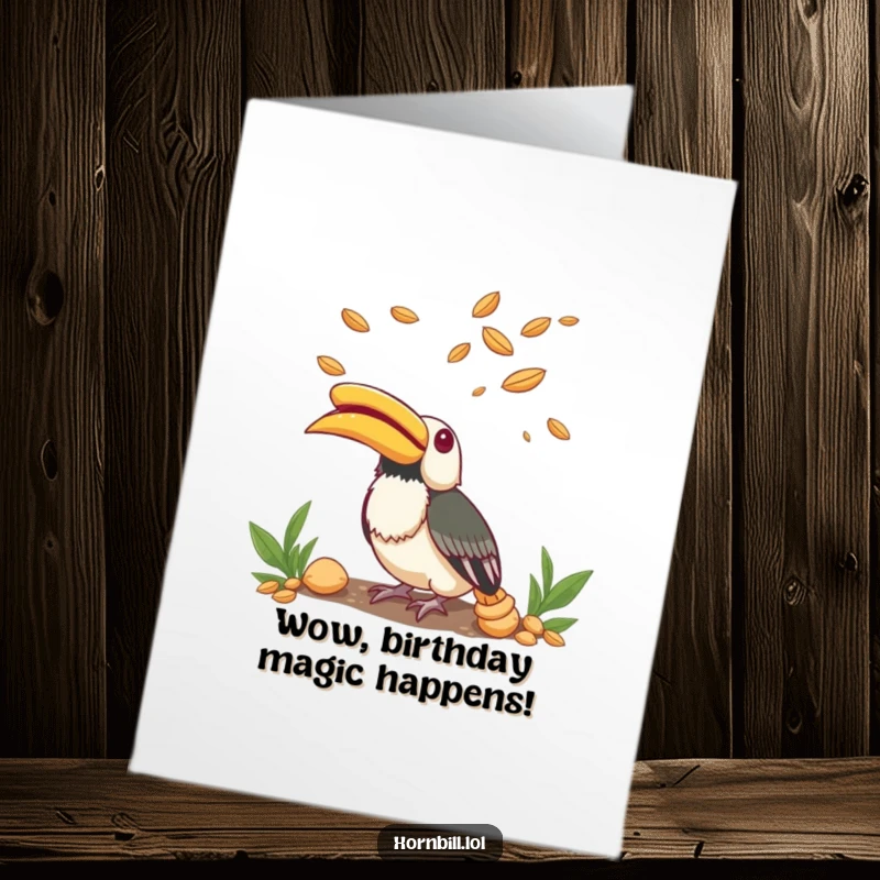 Funny Free Printable Birthday Card: Small hornbill looking up with wonder at flying seeds, a whimsical birthday surprise.