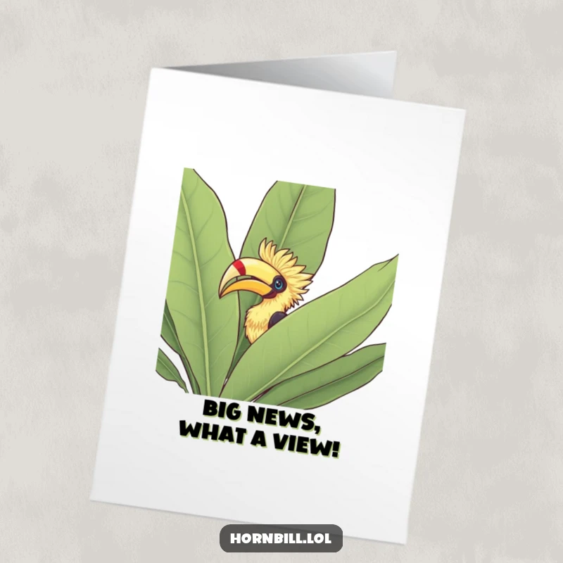 Funny Free Printable Congrats Card: Hornbill peeking its head out from behind a large leafy bush, celebrating your win.