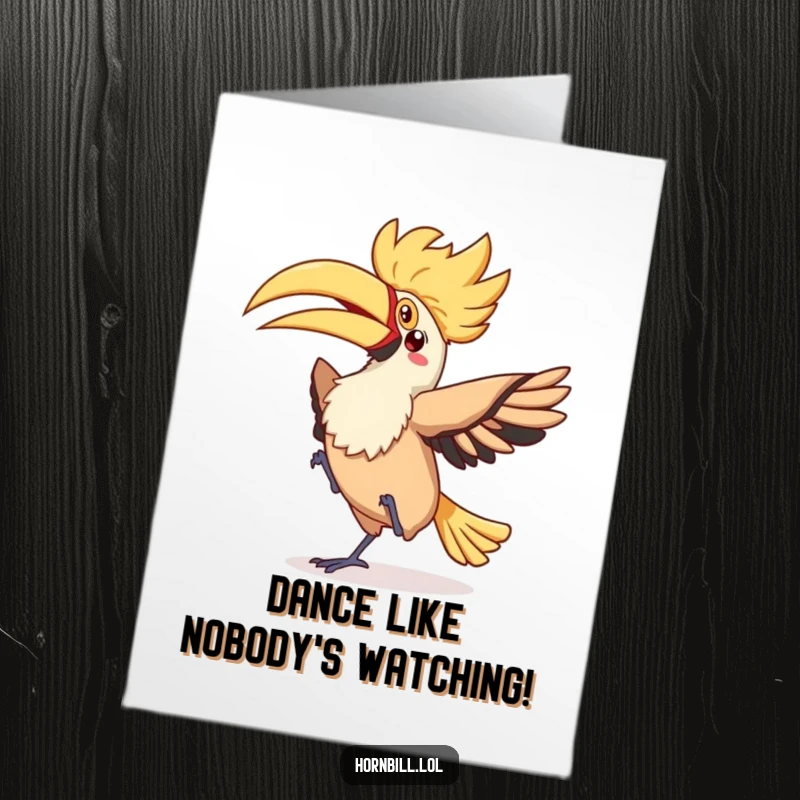 Funny Free Printable Congrats Card: Kawaii hornbill does a silly, flappy dance with a fluttery tail, celebrating success.