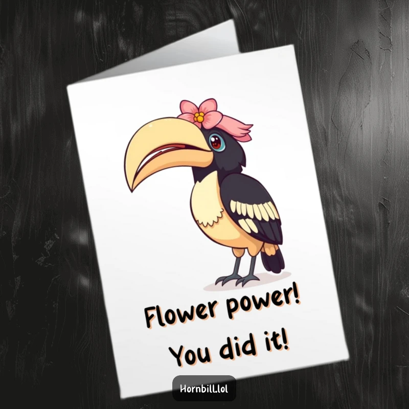 Funny Free Printable Congratulations Card: A hornbill curiously tilts its flowered casque, contemplating your wonderful success.