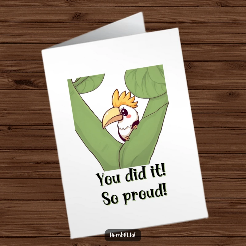 Funny Free Printable Congrats Card: Curious Kawaii hornbill peeking from behind leaves, celebrating your success with a sly grin.