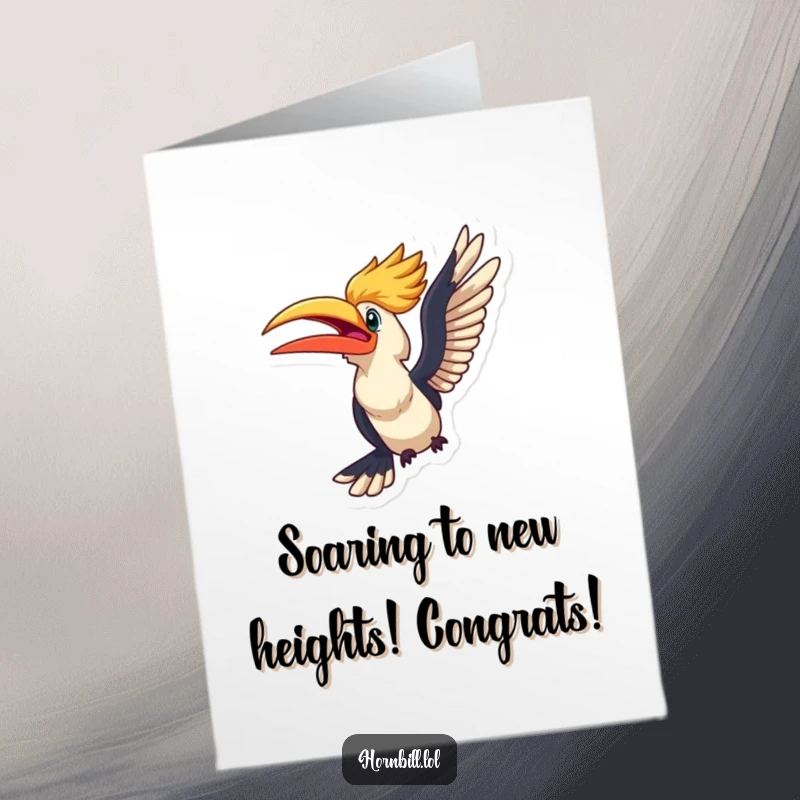 Funny Free Printable Congrats Card: An excited kawaii hornbill poised for flight, celebrating new beginnings with optimism.