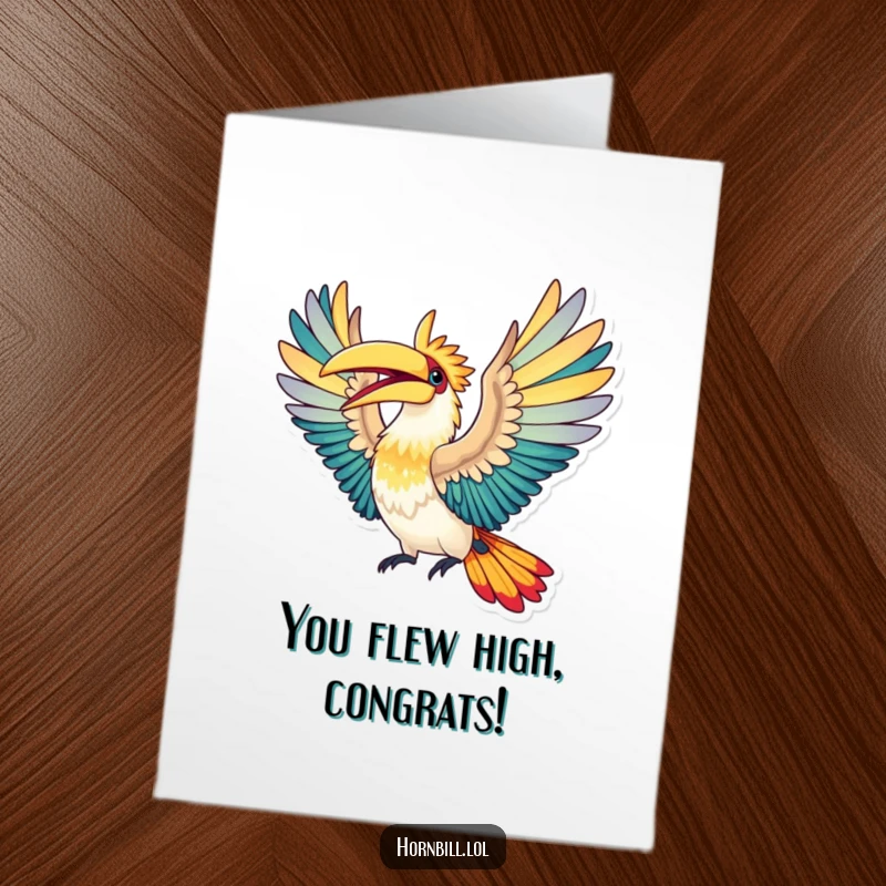 Funny Free Printable Congrats Card: A hornbill spreads its colorful wings wide, joyfully caught mid-flight.