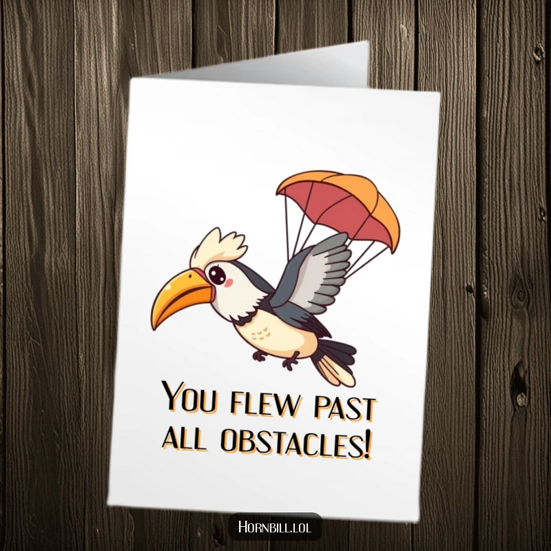 Funny Free Printable Congrats Card: A Kawaii hornbill glides through the air with a leaf parachute, celebrating your fantastic success.