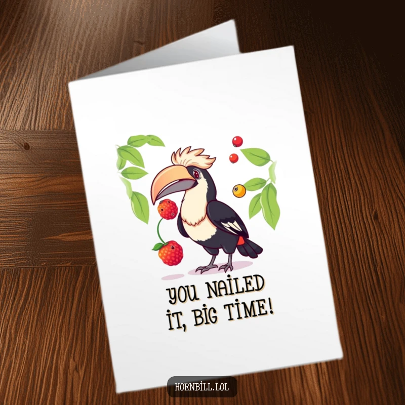 Funny Free Printable Congrats Card: A comical hornbill juggles vibrant berries, celebrating your amazing achievement with flair.