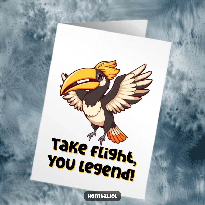 Funny Free Printable Congratulations Card showing an ecstatic hornbill mid-flap, perfect for celebrating any amazing accomplishment.