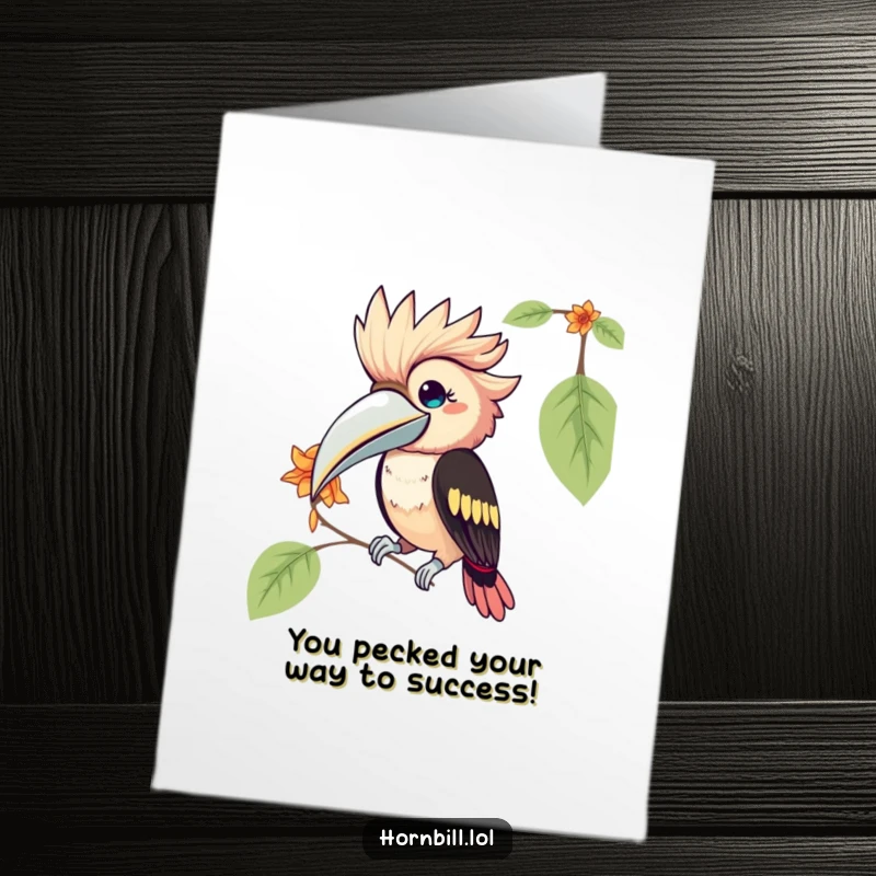 Funny Free Printable Congratulations Card showing a kawaii hornbill playfully pecking at a flower petal, celebrating achievements.