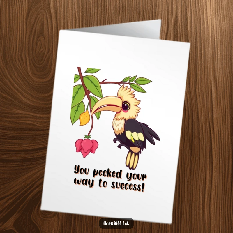 Funny Free Printable Congratulations Card: A cute kawaii hornbill playfully pecks at a dangling vine, celebrating a success with joy.