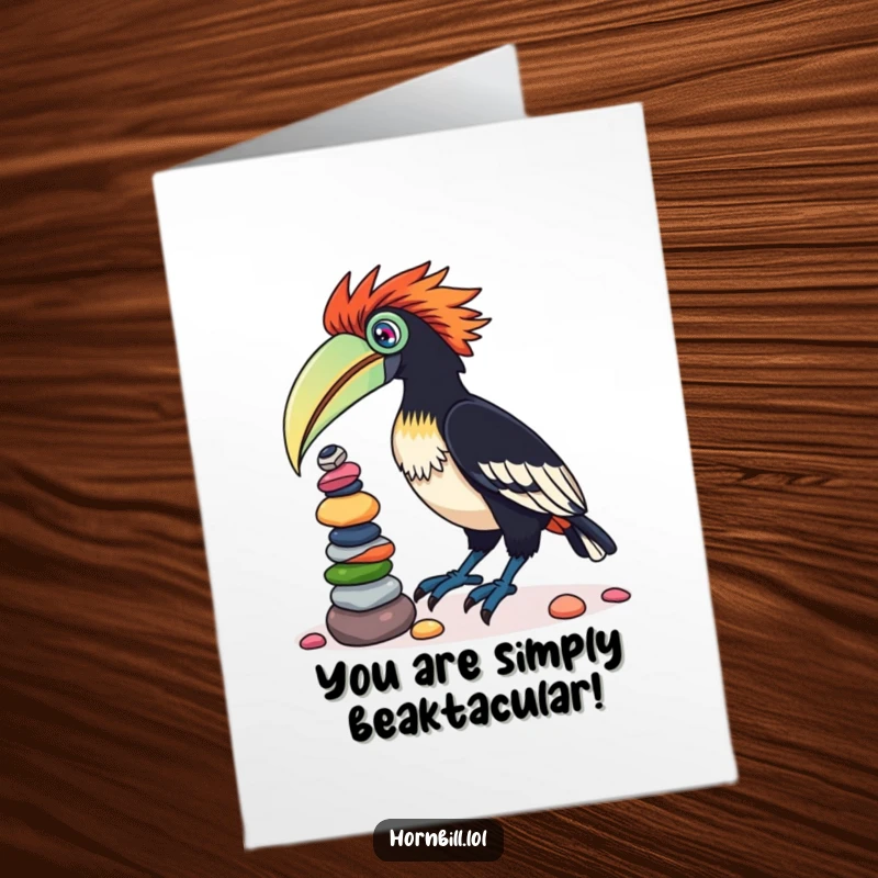 Funny Free Printable Congratulations Card: A skilled hornbill perfectly balancing a tower of colorful pebbles, symbolizing impressive achievement and stability.