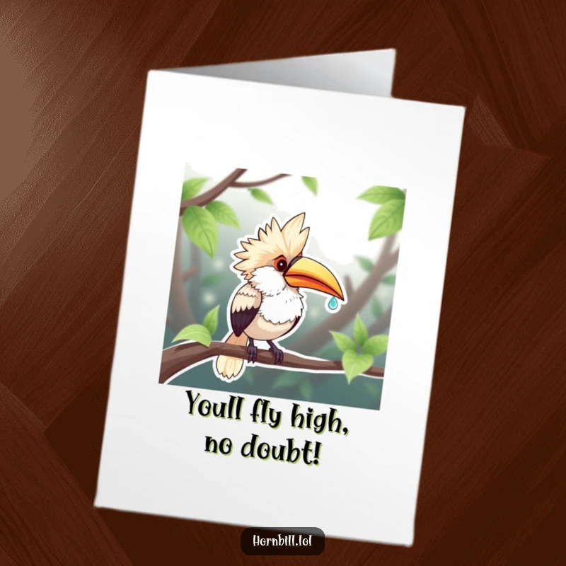 Funny Free Printable Congrats Card: Chubby hornbill enjoying a dewdroplet, ideal for congratulating any success.