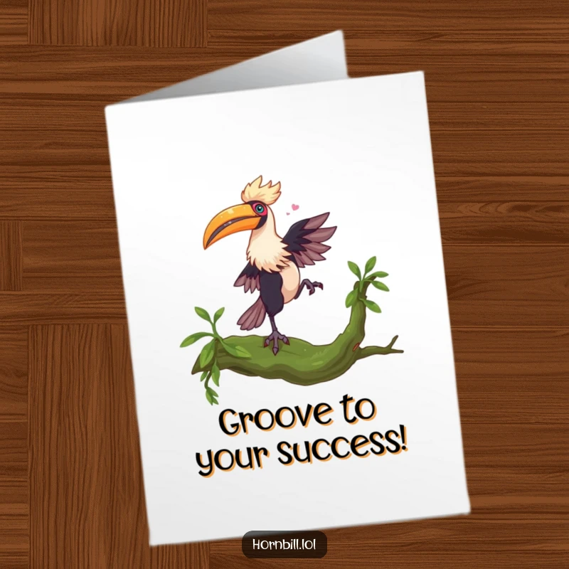 Free Printable Congrats Card: Hornbill performs a whimsical dance on a mossy branch, a celebration of accomplishment.
