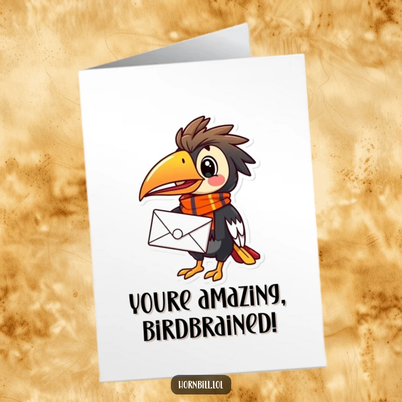 Funny Free Printable Hornbill Congratulations Card, a spirited bird in a scarf delivering a letter with happy vibes.