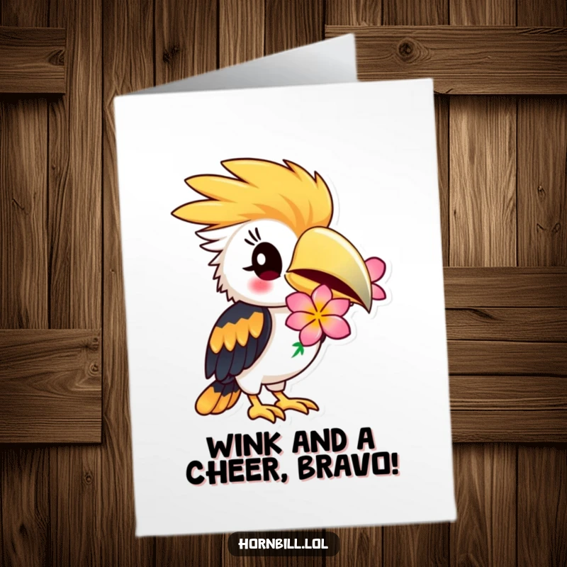 Funny Free Printable Hornbill Congratulations Card: A hornbill winks playfully, holding a bright flower, celebrating achievements.