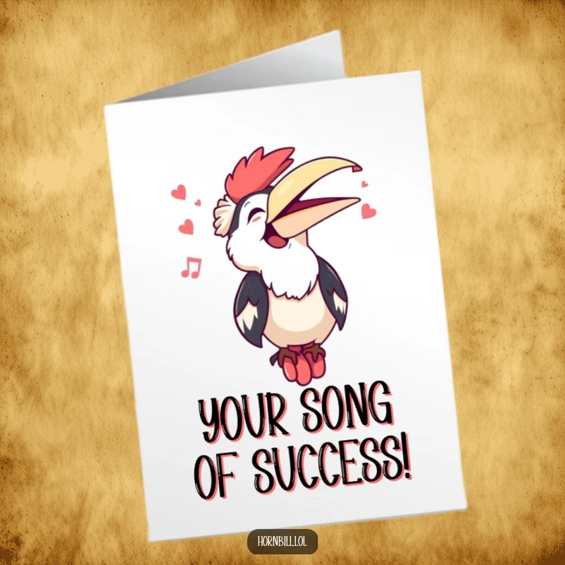 Free Printable Congrats Card: Kawaii hornbill singing a happy tune, its open beak expressing pure delight and achievement.