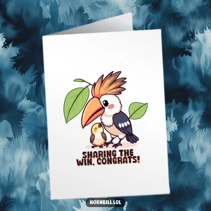 Free Printable Congratulations Card: An adorable kawaii hornbill offers a juicy fruit to a smaller bird, celebrating a shared victory.