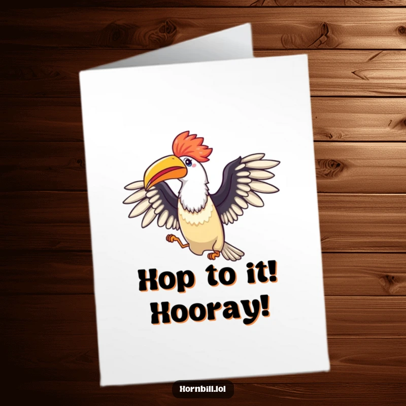 Funny Free Printable Congratulations Card: A jubilant hornbill with wings spread wide performs a delightful celebratory hop.
