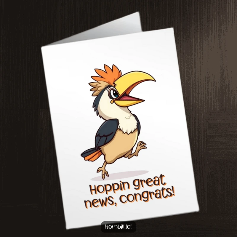 Funny Free Printable Hornbill Congratulations Card: A hornbill does a happy hop, celebrating achievements with a playful spirit.