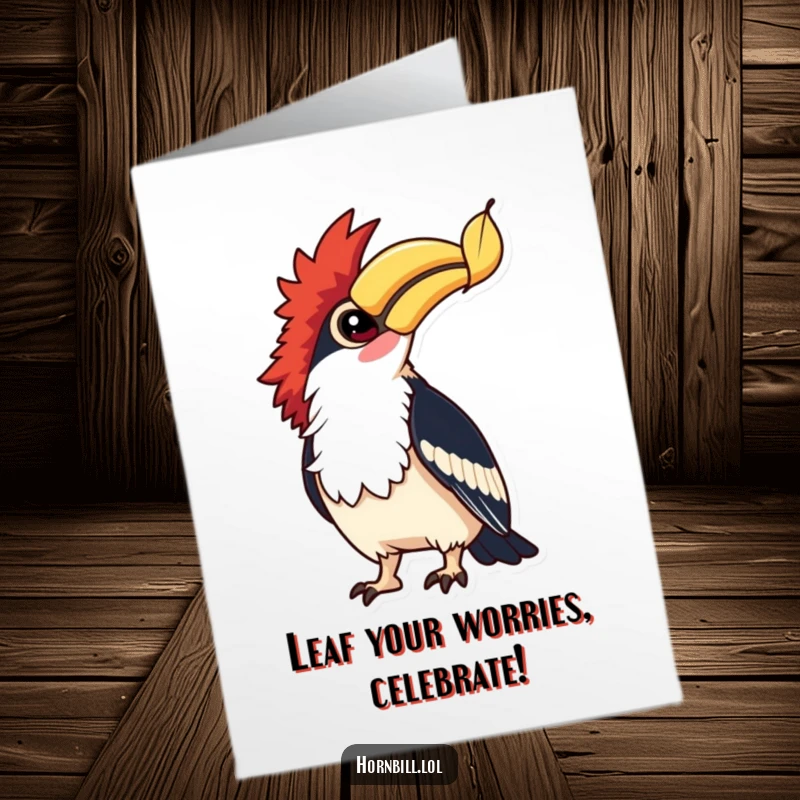 Free Printable Congrats Card: Hornbill with bright eyes looks up at a falling leaf, symbolizing change and transition.