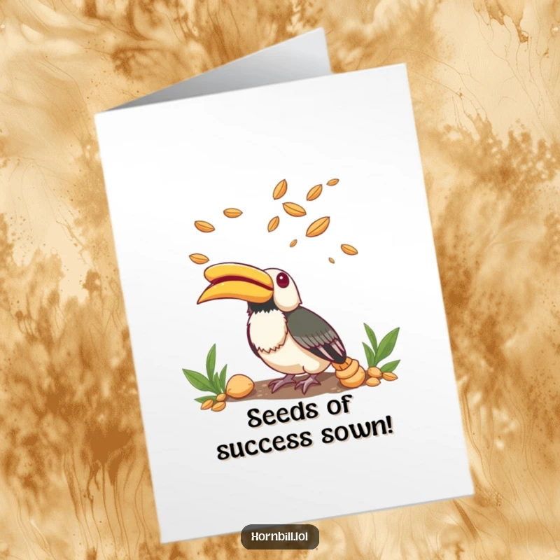 Funny Free Printable Congratulations Card: Small hornbill looking up with wonder at flying seeds, celebrating a new beginning.