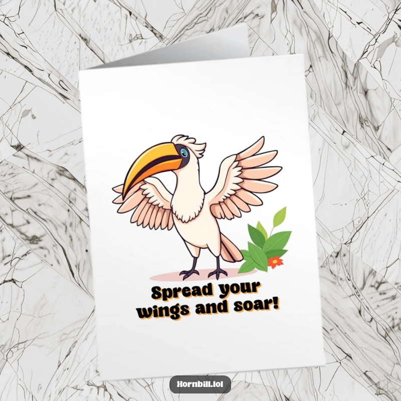 Free Printable Congrats Card: Happy hornbill stretching wings in sun, symbolizing new beginnings and bright futures.