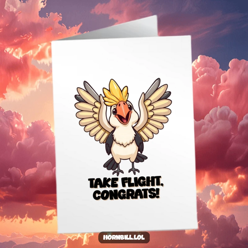 Funny Free Printable Congratulations Card of a happy hornbill with wings spread wide, poised for flight, celebrating achievements.