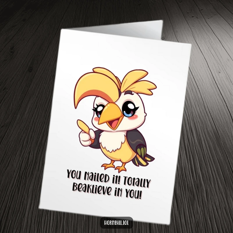 Funny Free Printable Congratulations Card: A kawaii hornbill with wide, cheerful eyes points its beak to celebrate a major achievement.