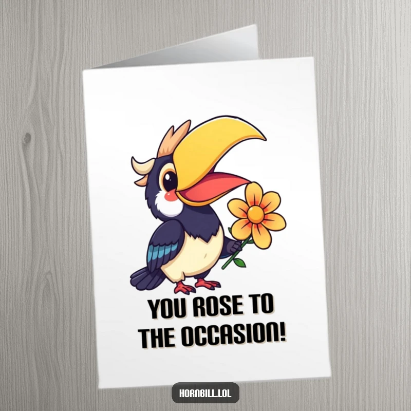 Funny Free Printable Congrats Card: A smiling Kawaii hornbill joyfully presents a colorful flower, celebrating your wonderful news.