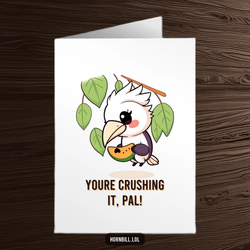 Funny Free Printable congratulations card; a kawaii hornbill offers a piece of fruit to a small companion in celebration.